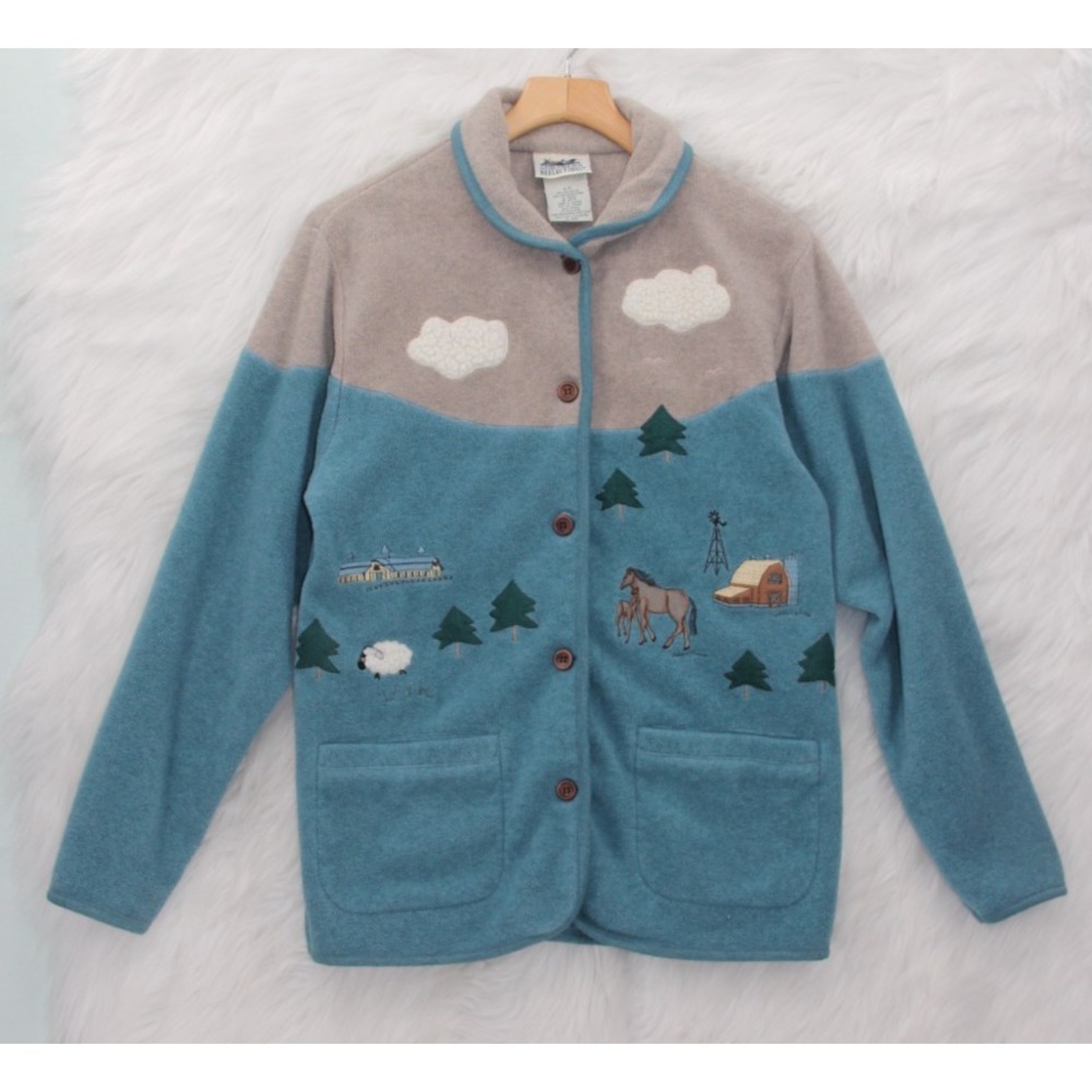 Vtg Northern Reflections Women's S Fleece Button Front Sheep & Horses Cabincore